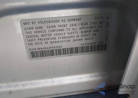 2010 Volkswagen Passat Komfort z USA, uszkodzony, nr VIN WVWJM9AN4AP042509